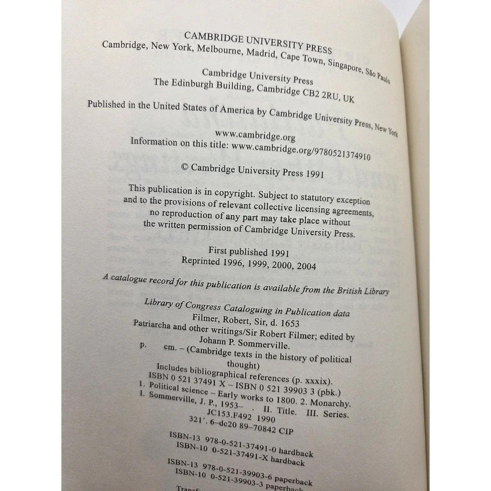 Filmer Patriarcha and Other Writings Cambridge Texts Political Thought Paperback